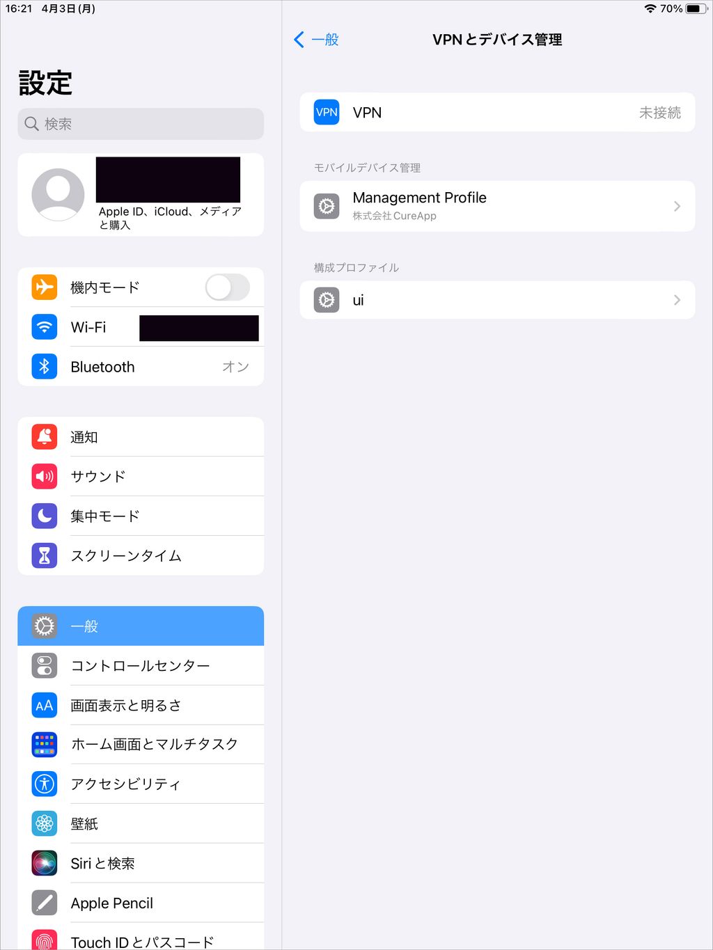 iPadの設定画面で構成プロファイルを表示