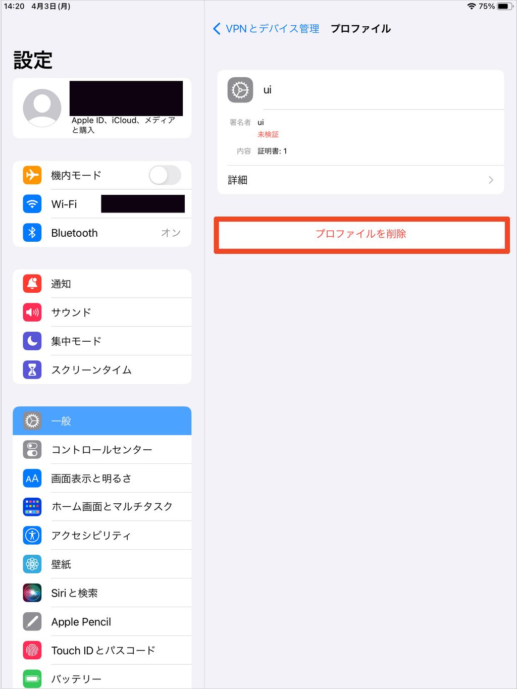 プロファイルを削除の画面