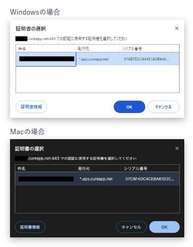 証明書の選択画面