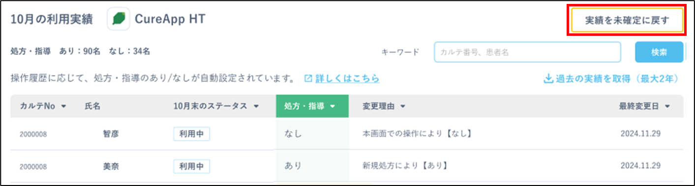 実績を未確定に戻すボタン